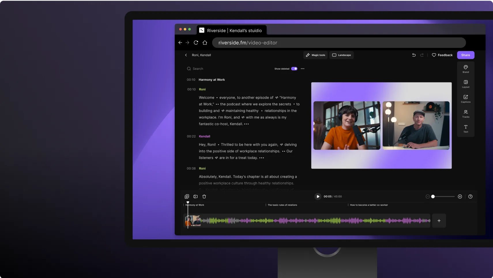 Computer screen showing Riverside video editor with a podcast episode transcription and video thumbnails of two people speaking.